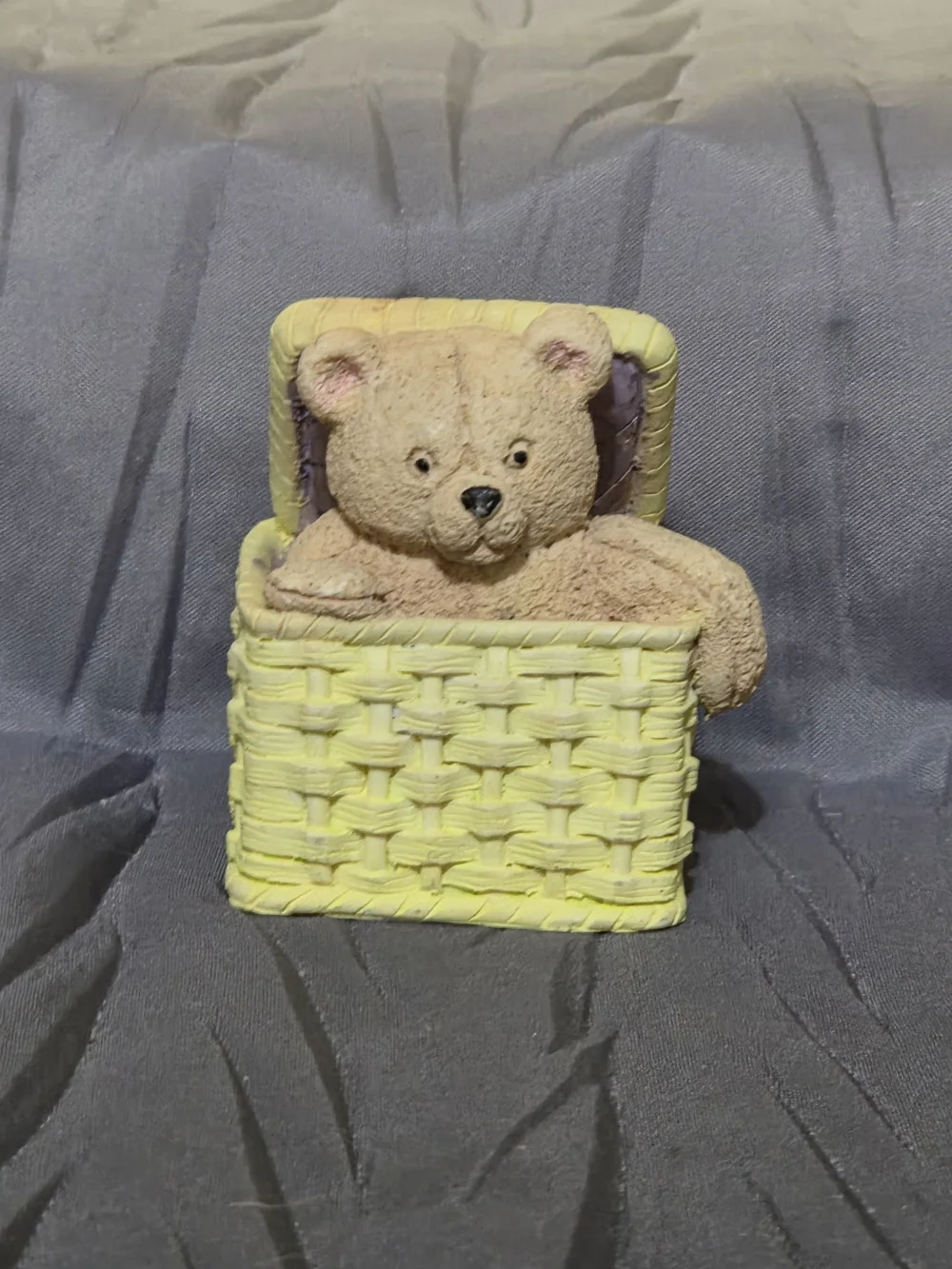 Vintage Lipco Teddy Bear in Yellow Woven Basket Decorative Accent